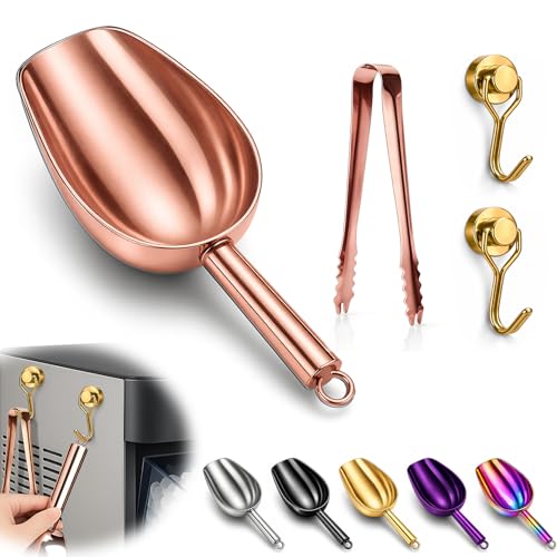 Stainless Steel Ice Scoop for Freezer with Magnetic Hook & Ice Tongs (6oz / Rose Gold)