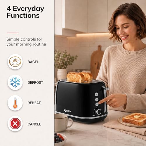 2 Slice Retro Stainless Steel Toaster with Bagel (2 Slice / Black)