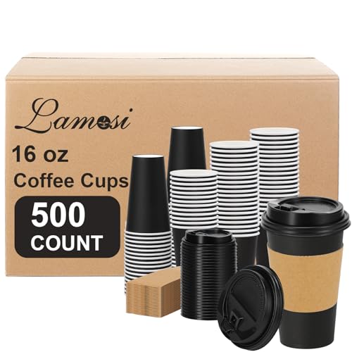 500 Pack 16 oz Disposable Coffee Cups With Lids and Sleeves (Black / 16oz-500Pack)