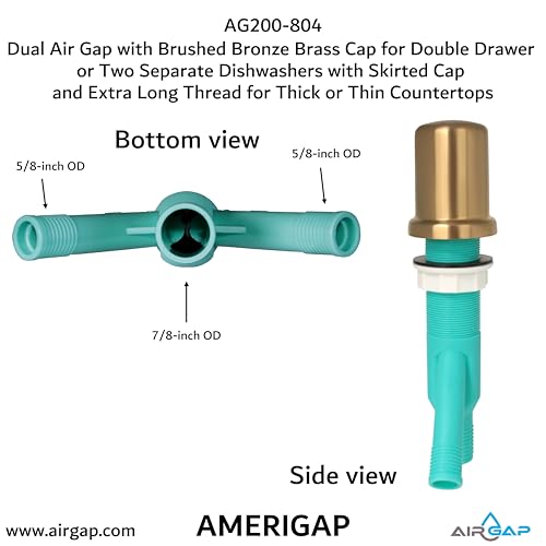 Dual Air Gap with Brushed Bronze Brass Cap for Double Drawer or Two Separate Dishwashers with Skirted Cap and Extra Long Thread for Thick or Thin Countertops (AG200-804)