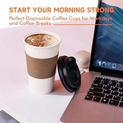 100 Pack 16 oz Disposable Coffee Cups with Lids and Sleeves (White / 16 oz)