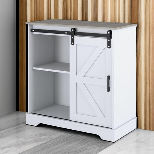 Sliding Barn Door Buffet Sideboard Storage Cabinet Coffee Bar Kitchen Farmhouse Style (White Cabinet Nature Top)
