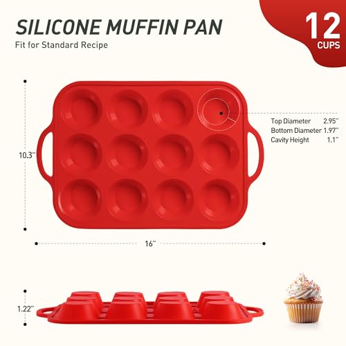 12 Cups Silicone Muffin Pan with Metal Reinforced Frame Regular Size Cupcake Pan Tray Egg Bites Silicone Circle Cookie Molds Muffin Tin Tart Pans Baking Sheet Set for Breakfast Sandwiches (1pc: 12-Cup Regular / Red)