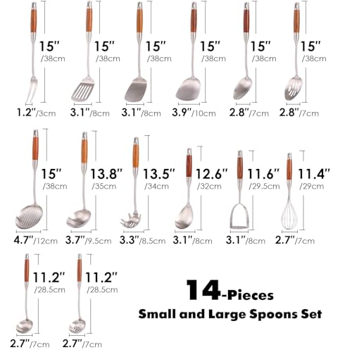 15” Metal Kitchen Utensils Set with RooseWood Handle (14-Pieces)