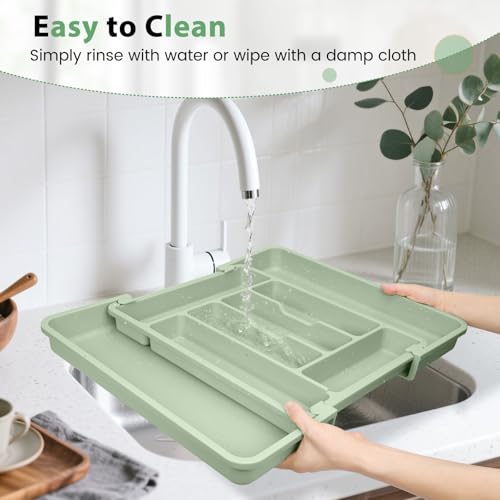 Large Silverware Organizer Tray for Kitchen Drawer Utensils Thicker (Sage Green)