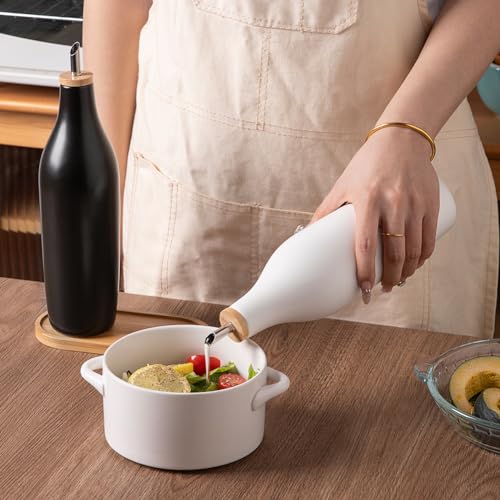 Sweejar Matte Ceramic Olive Oil Dispenser Bottles with Bamboo Tray (Black White & Tary / 17 Oz (Pack of 2))