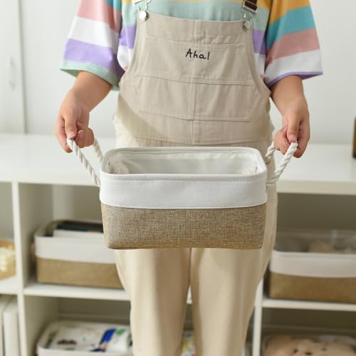Storage Basket for Organizing (White & Khaki / Small -11.8Lx7.9Wx5.2H)