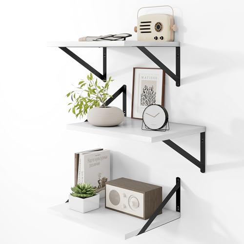 16W x 12D Deep Floating Shelves Set of 3 White (White With Black Metal Bracket / 16wx12dx5.8h)