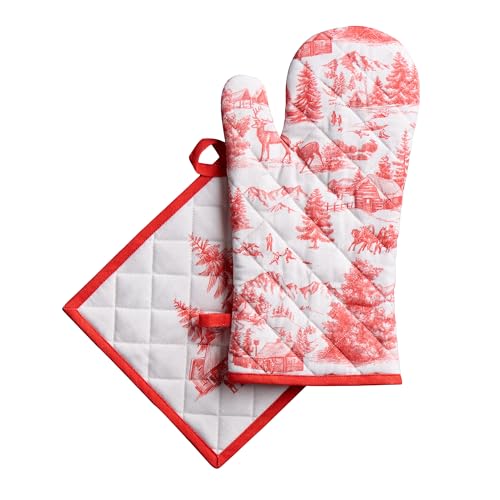 100% Cotton Oven Mitt & Pot Holder Set (120 - Winter Jouy / 7.5" x 13" & 8" x 8" (Oven Mitt & Pot Holder))