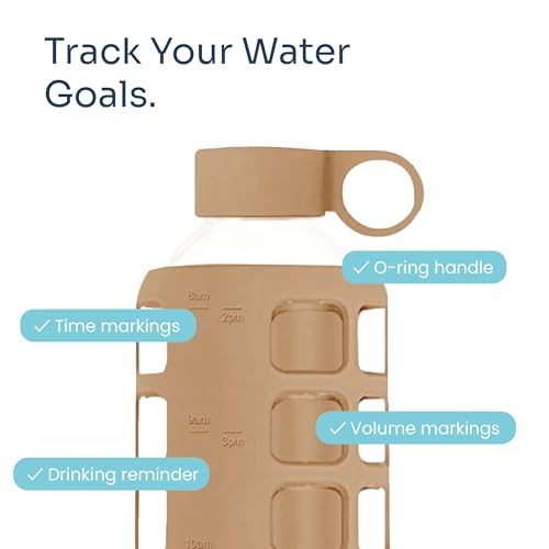40oz / 32oz / 22oz / 12oz Borosilicate Glass Water Bottle with Time & Volume Markers, Silicone Sleeve, Stainless Steel Lid | Reusable Glass Bottle for Water & Juice (32oz Iced Coffee) (Iced Coffee / 32 Ounces)