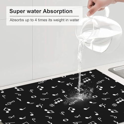 Music Notes Dish Drying Mat for Kitchen Counter Musicial Dish Drainer Rack Mats 16x18 Inches Absorbent Reversible Black Drying Pad (Music Notes / 16 x 18 inch)