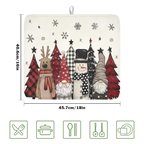 Winter Snowman Gnome Dish Drying Mat Xmas Tree Dishes Pad 16"x18" Microfiber Fast Dry Dish Drainer Rack Mats Kitchen Countertop Accessories (Winter Snowman Gnome / 16x18 inch)