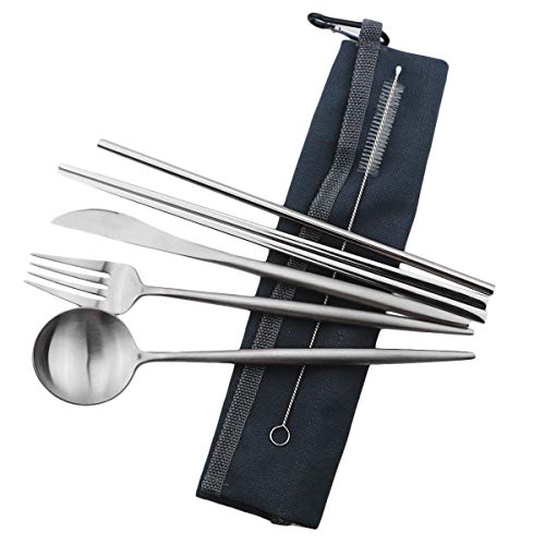 Reusable Travel Utensils (Blue Pouch / Silver)