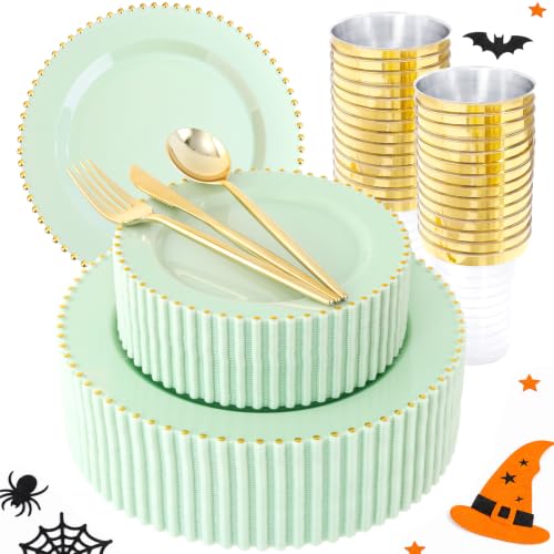 180Pcs Sage Green Plastic Plates for Wedding Party Supplies (Green and Gold Plastic Dinnerware Set / 180PCS)