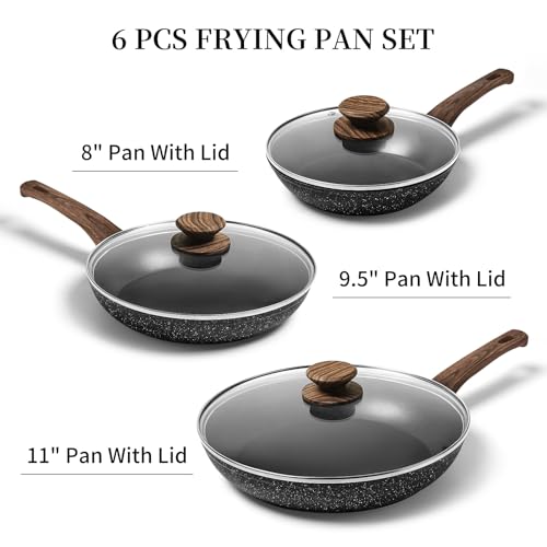 Nonstick Ceramic Frying Pans Skillets Set with Lid 8"+9.5"+11" (Black)