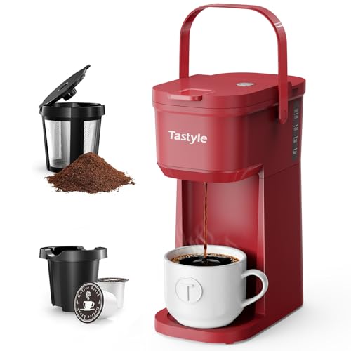Mini Single Serve Coffee Maker for K Cups and Grounds with Handle (Vintage Red)