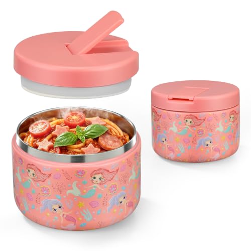 12oz Insulated Vacuum Food Jar with Buckle Lid Wide Mouth Soup Thermo for Hot Food Kids Leakproof Stainless Steel Lunch Container (Pink-Mermaid / 12OZ)