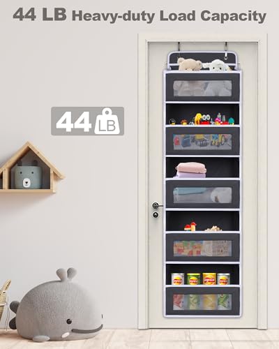 Over The Door Organizer 44LB Capacity with 5 Large Pockets & 10 Mesh Side Pockets (Dark gray)