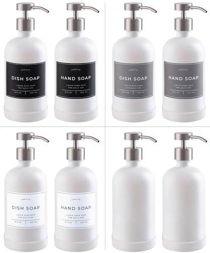 Hand and Dish Soap Dispenser for Kitchen and Bathroom (Matte White Bottle / Brushed Silver Pump)