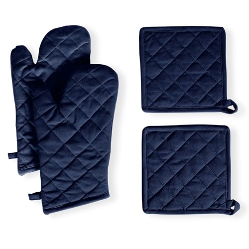4 Piece Set 2 Oven Mitts & 2 Potholders (Navy)