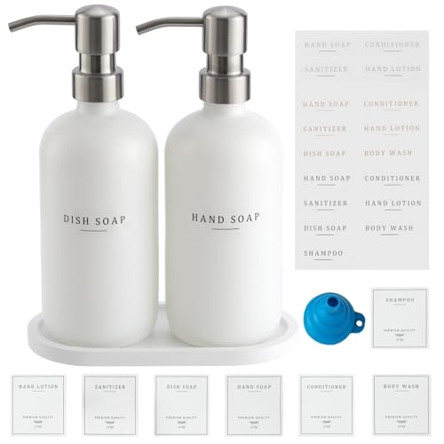 Glass Soap Dispenser (White Bottle/Brushed Silver Pump + Tray + Funnel)