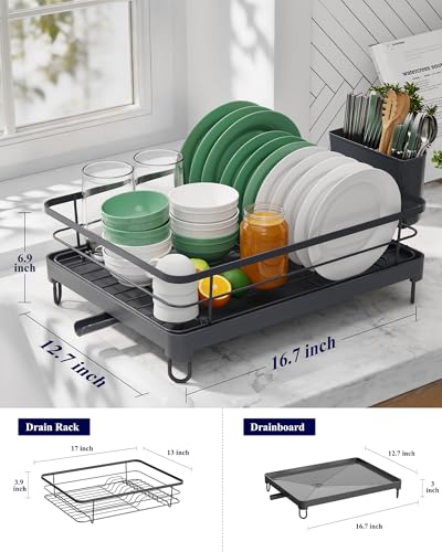 Dish Drying Rack for Kitchen Counter (Gray / 12.7''W x 16.7''L - 1 Tier)