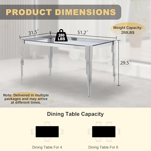51'' Modern Glass Dining Table for 4 People (Silver-clear / Rectangle-51.18" L x 31.50" W x 29.53" H)