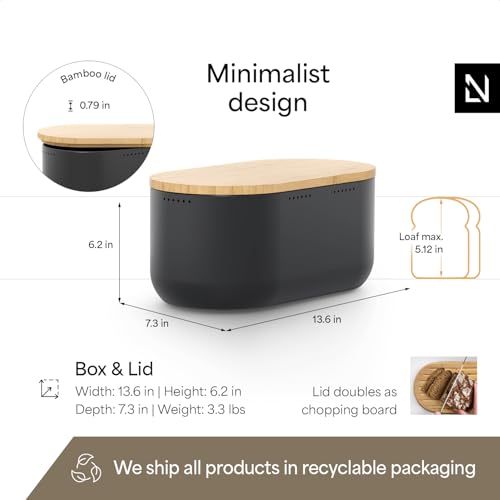 Stainless Steel Bread Box with Cutting Board (Carbon Black)