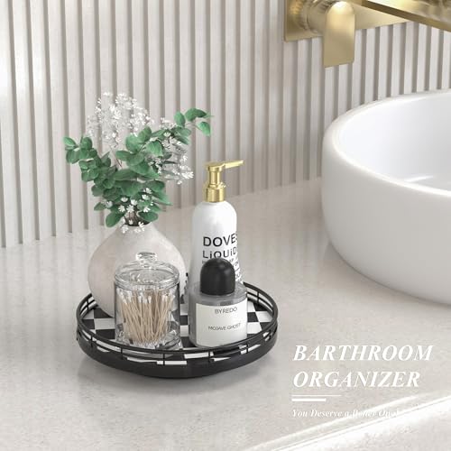 9 Inch Black and White Checkerboard Lazy Susan with Oak Base (Black & White / 9 inches)