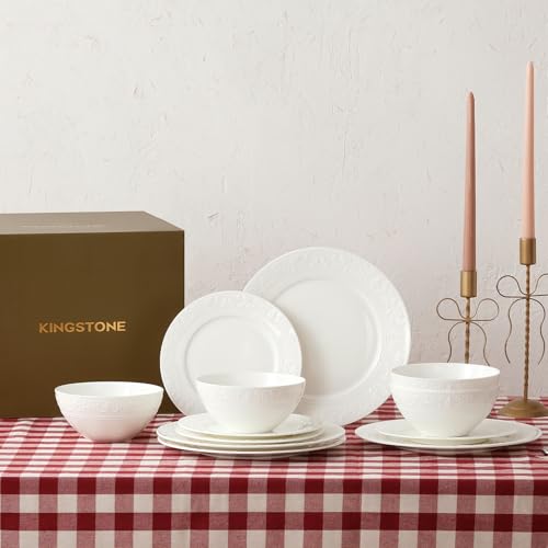 24Pcs Vintage Relief White Bone China Set (White-Retro Embossed / service for 8-24pcs)