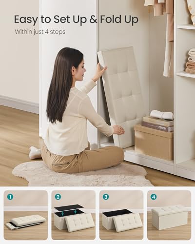 30 Inches Folding Storage Ottoman Bench (Cream White / 15"D x 30"W x 15"H (without Flipping Lid))