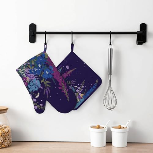 Wildflowers Florals Oven Mitts Pot Holders Set Silicone Heat Resistant Wildflowers Oven Mitts and Hot Pads Florals Potholders Non (Purple)