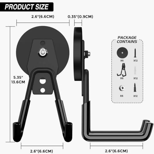 6 Pack Heavy Duty Storage Magnetic Utility Hooks Large Garage Strong Extra Magnet Hooks Hanger with Anti (2.6" Magnet-6 Pack-Black)
