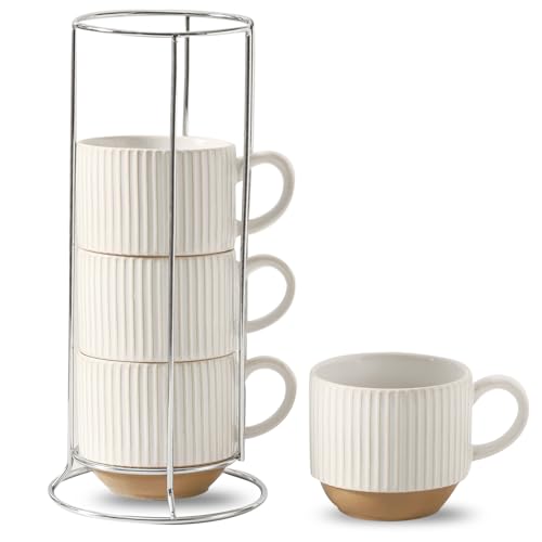 15 oz Ribbed Stackable Ceramic Coffee Mug Set of 4 (White & Light Brown / 15 Ounces)