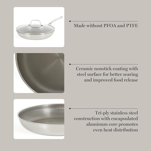 Badgley Hybrid Nonstick 12 Inch TriPly Stainless Steel Large Fry Pan With Lid & Stay Cool Handle (Triply Stainless / 12" Fry Pan)