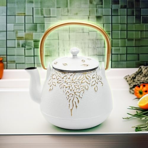 Tea Kettle TOPTIER Japanese Cast Iron Teapot with Infuser for Loose Leaf and Tea Bags (40 oz / White)