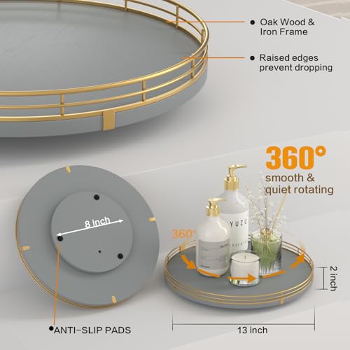 13 Inch Gray Wooden Lazy Susan Spice Organizer with Gold Rail (Gray & Gold / 13)