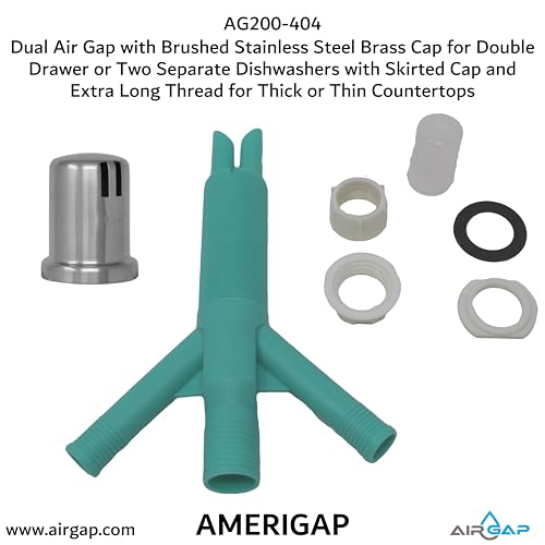 Dual Air Gap with Brushed Stainless Steel Brass Cap for Double Drawer or Two Separate Dishwashers with Skirted Cap and Extra Long Thread for Thick or Thin Countertops (AG200-404)