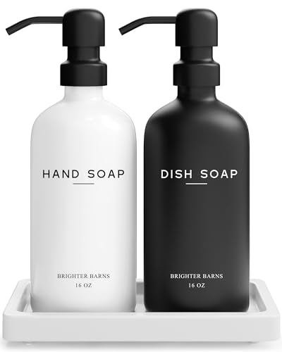 Luxury Glass Hand and Dish Soap Dispenser Set by Brighter Barns (Black/White Hd)