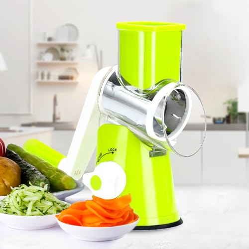 Rotary Cheese Grater Hand Crank Cheese Shredder for Fresh Cheese (3 BLADES / Green)