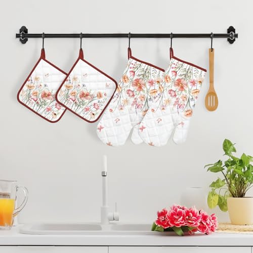 Pink Floral Oven Mitts and Pot Holders Sets 4Pcs (Pink Floral / Oven Mitt x2 & Pot Holder x2)