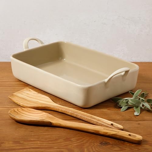 3-Piece 4.8-Quart 9 X 13 Ceramic Bakeware Set with Olive Wood Tools – Linen/Taupe Baking Dish with Handles, Oven Safe, Durable Stoneware for Casseroles, Roasting & Serving