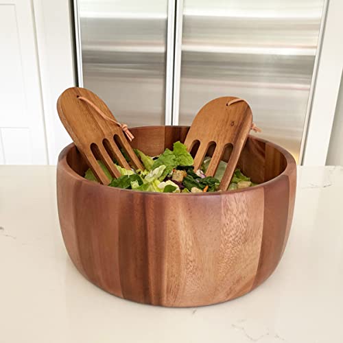 Woodard & Charles Acacia Wood 10" 3 Pc Salad Bowl w (10" x 4" Bowl w/ Salad Hands-*Pack of 4*)