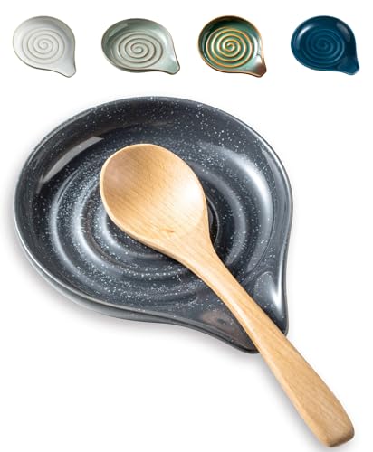 Spoon Rest Ceramic Spoon Holder for Stove Top Large Spatula Rest (Speckled Dark Gray)