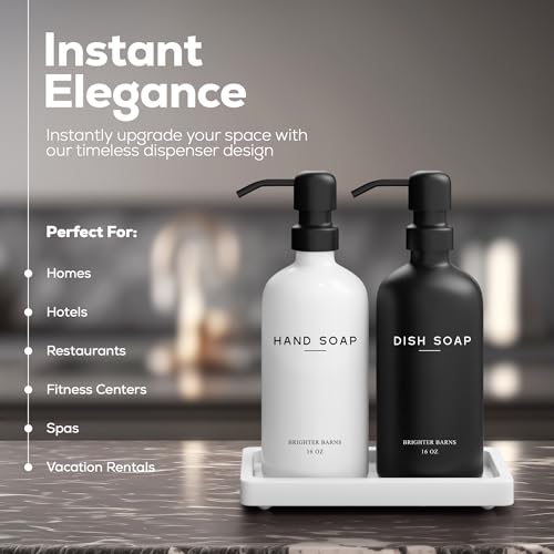 Luxury Glass Hand and Dish Soap Dispenser Set by Brighter Barns (Black/White Hd)