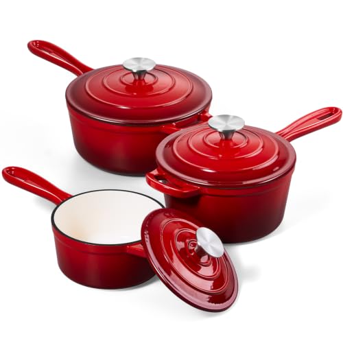Cast Iron Sauce Pan Pot (Red / 1+2+3 Quarts)