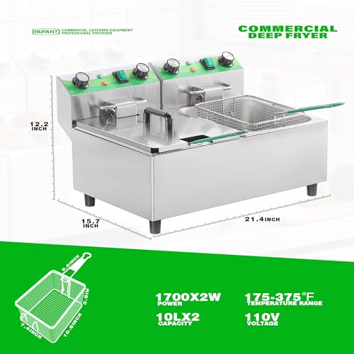 20L 21.2QT Commercial Deep Fryer with Timer Dual Tank Electric Countertop Fryer with Double Baskets and Lids
