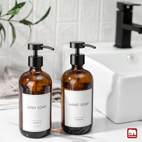 Amber Glass Soap Dispenser (Amber Bottle + Black Flat Pump / 2 Pack)