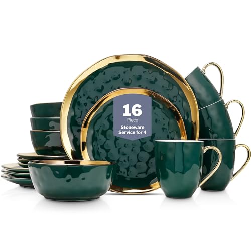 Florian Modern Porcelain 16 Piece Dinnerware Set (16-Pieces Service for 4 / Green with Gold Rim)