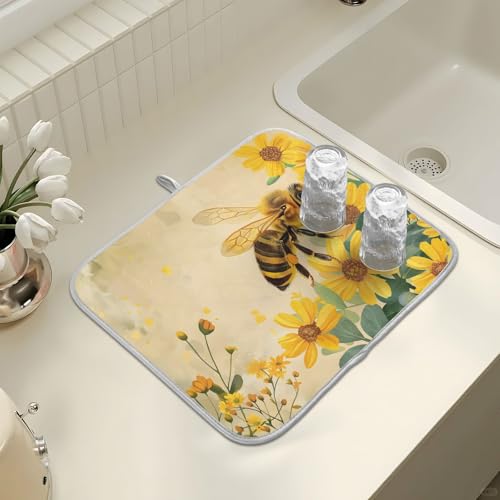Honey Bee Dish Drying Mat for Kitchen Counter Absorbent Microfiber Large Drying Pad Yellow Flowers Leaves Dish Mats for Kitchen Countertops 18 x 24 Inch117 (24" x 18")